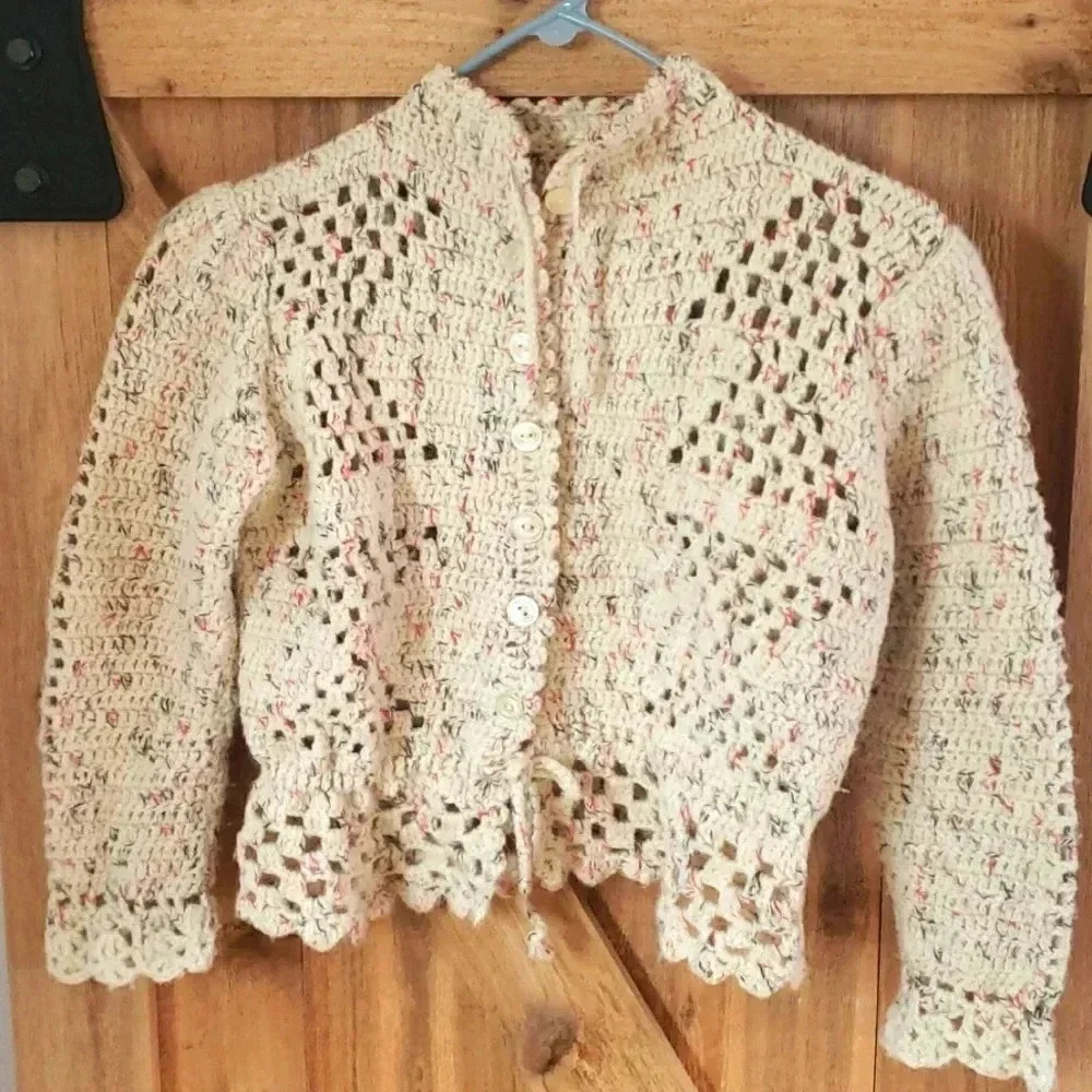 Vintage Handmade Knit Crocheted  Cardigan Preppy Cottagecore OOAK Romantic